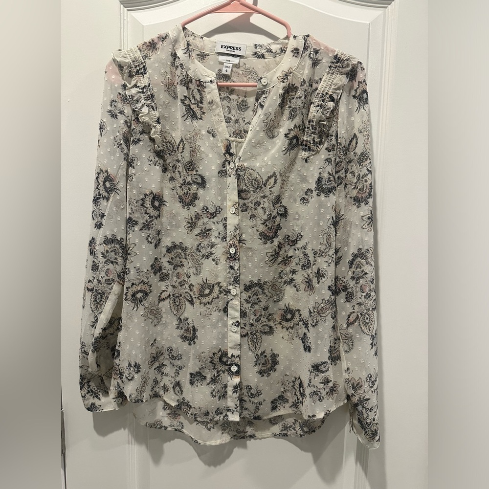 Women’s sheer button down shirt with ruffles. Size small.